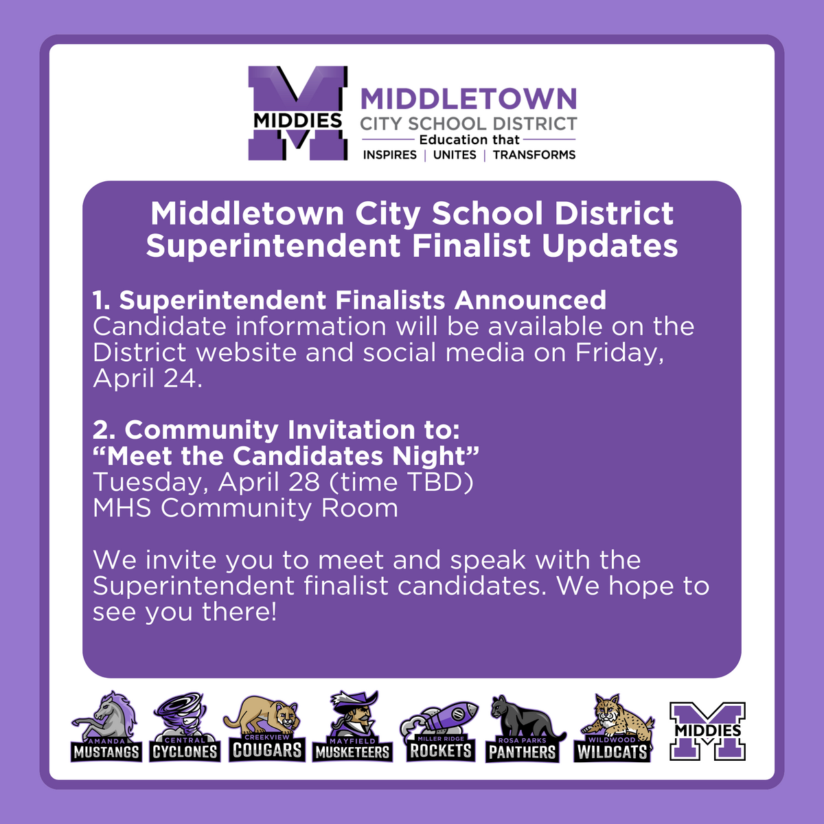 Middletown Schools announces superintendent finalists April 24; Meet the Candidates Night April 28 at MHS Community Room, time TBD.